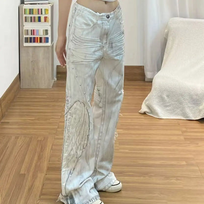 American Retro Hot Girl Tie-Dye Women's High-Waisted Bell-Bottom Pants Slim Ripped New Autumn And Winter Washed Casual Trousers