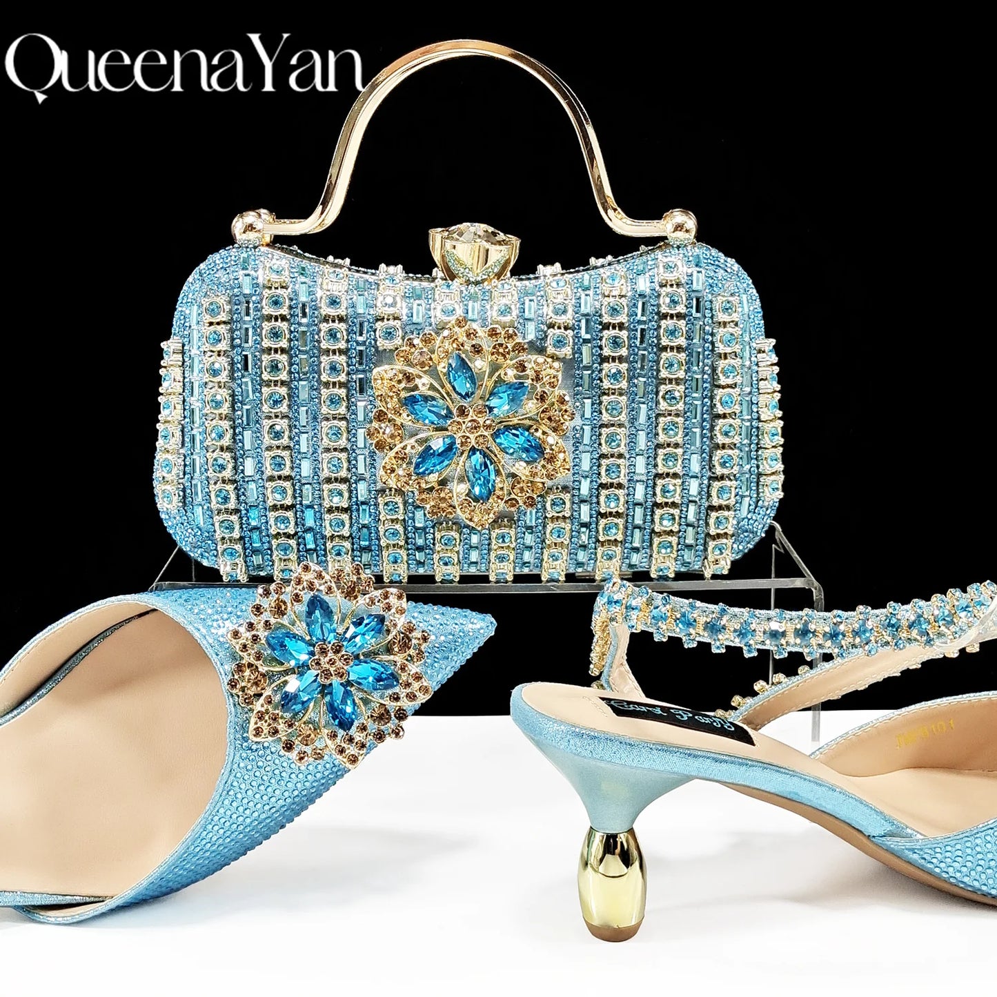 2024 Party Perfection: Rhinestone-Embellished Heels and Gold Mini Bag for Elegant Nights