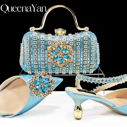 2024 Party Perfection: Rhinestone-Embellished Heels and Gold Mini Bag for Elegant Nights