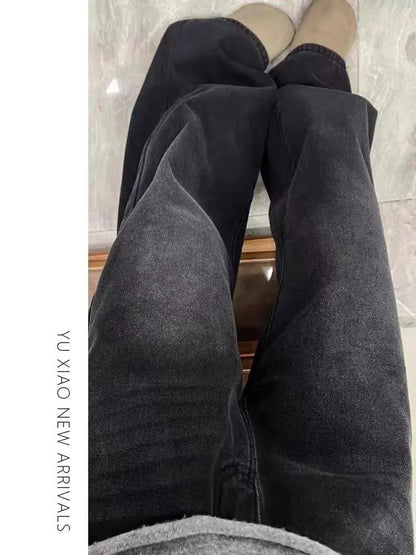 Womens Jeans Y2k Jeans Flared Trousers Black Gray Straight Leg Winter Warm Fleece Lined Loose Fit High Waist Wide Leg Fashion