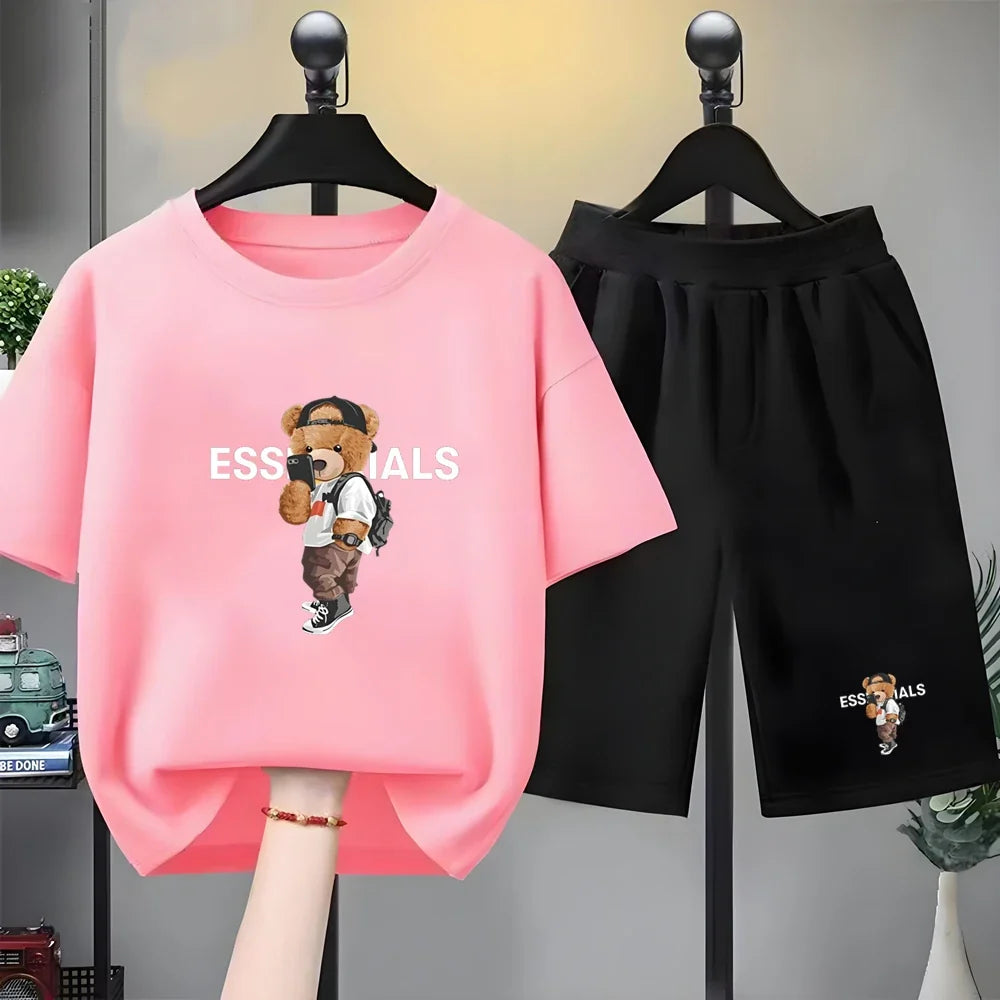 Kids Brand Little Bear Round Neck T-shirt+Shorts Set Clothing Fashion Boy Girl 3-12Yrs Sports Short-Sleeved Casual Set Summer