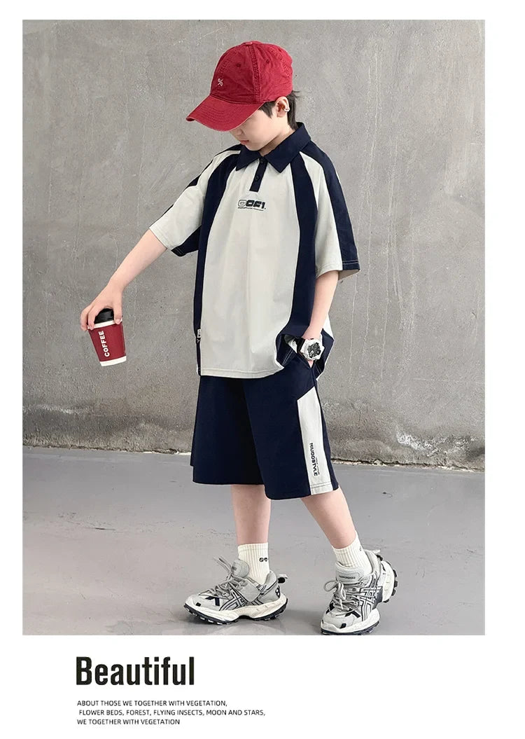 Children New Summer Polo Shirt Set Top And Bottom 2 Pieces Clothing Set for Tween Boys Casual Tracksuit Kids School Outfit Wear