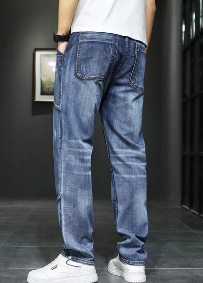 Male Cowboy Pants Straight Trousers with Pockets Blue Jeans for Men Retro Baggy Buggy Autumn Clothing Washed Original Winter Xs