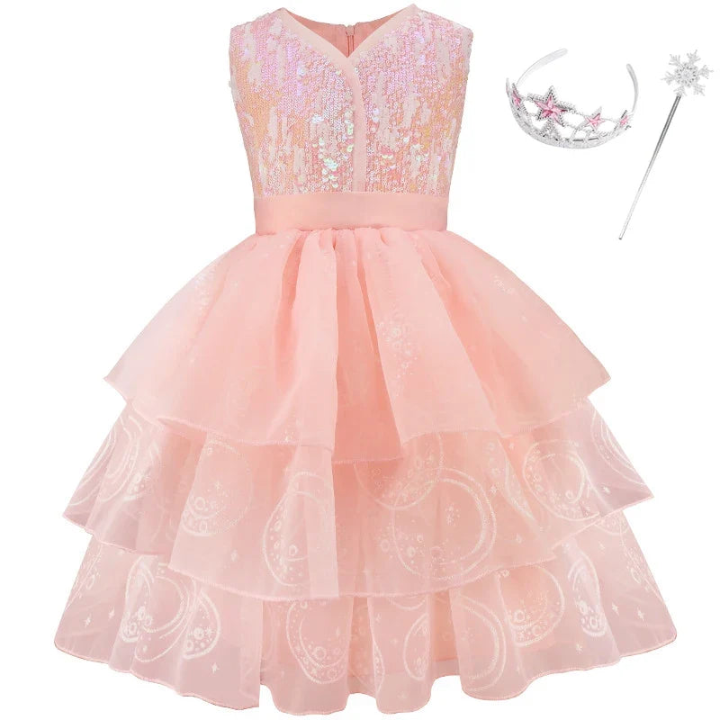 Good Witch Costume Girls Glinda Costume Dress Kids Wicked Cosplay Dress Up Outfits for Birthday Halloween 4-10Y