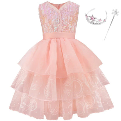 Good Witch Costume Girls Glinda Costume Dress Kids Wicked Cosplay Dress Up Outfits for Birthday Halloween 4-10Y