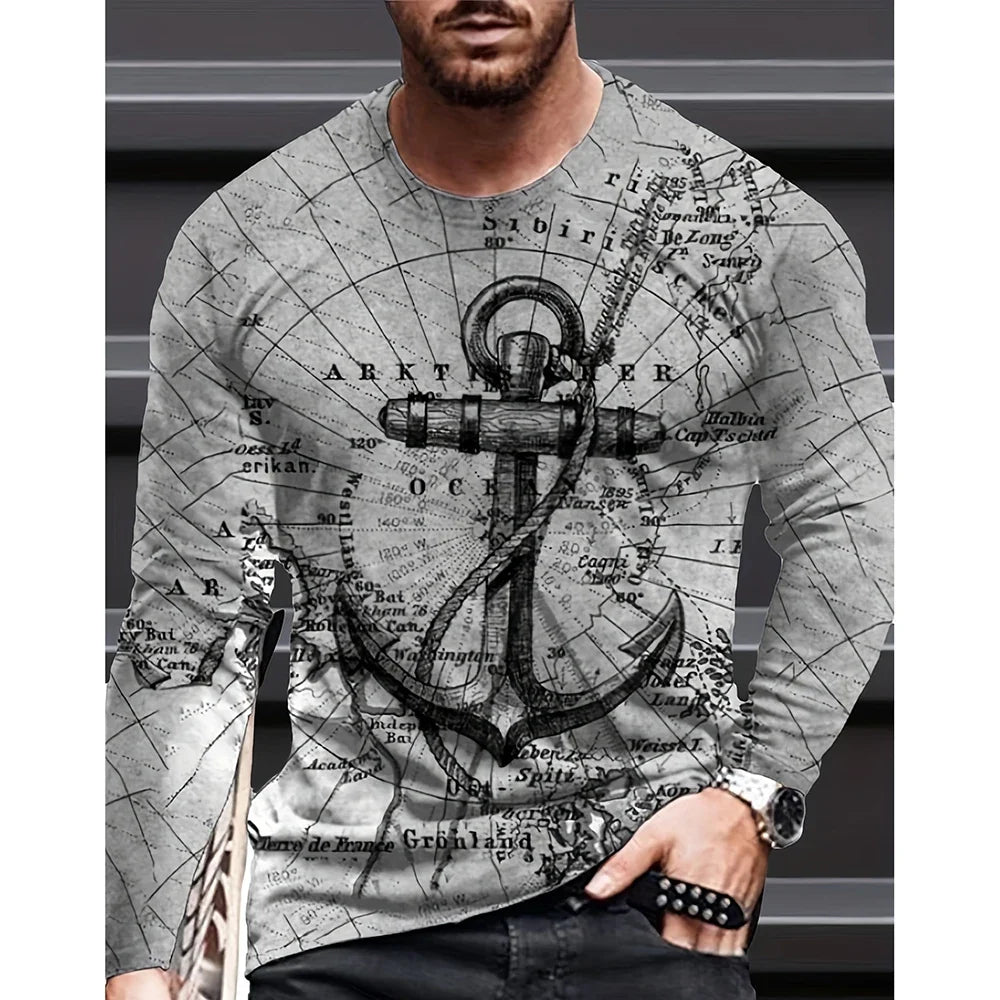 2023 Vintage Men's T Shirt Cotton Cross Pattern Long Sleeve 3D Clothing Nautical Map Print Street Harajuku Oversized