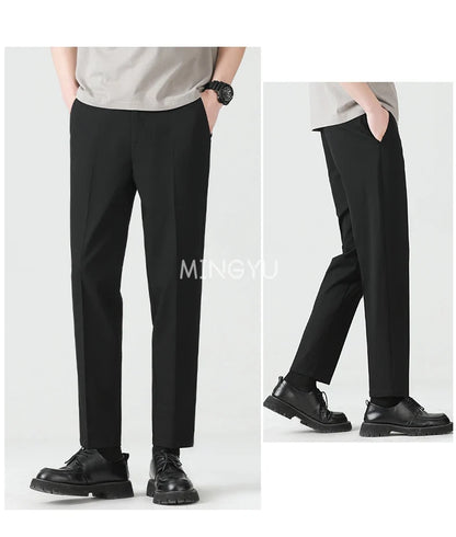 High Quality Lyocell Blend Summer Ankle Length Pants Men Business Elastic Waist Formal Suit Korean Social Work Trousers Male 40