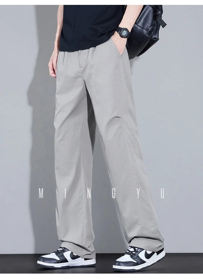 2026 New High Quality Summer Casual Pants Men Solid Color Straight Work Light Gray Outdoor Style Youth Khaki Thin Trousers Male
