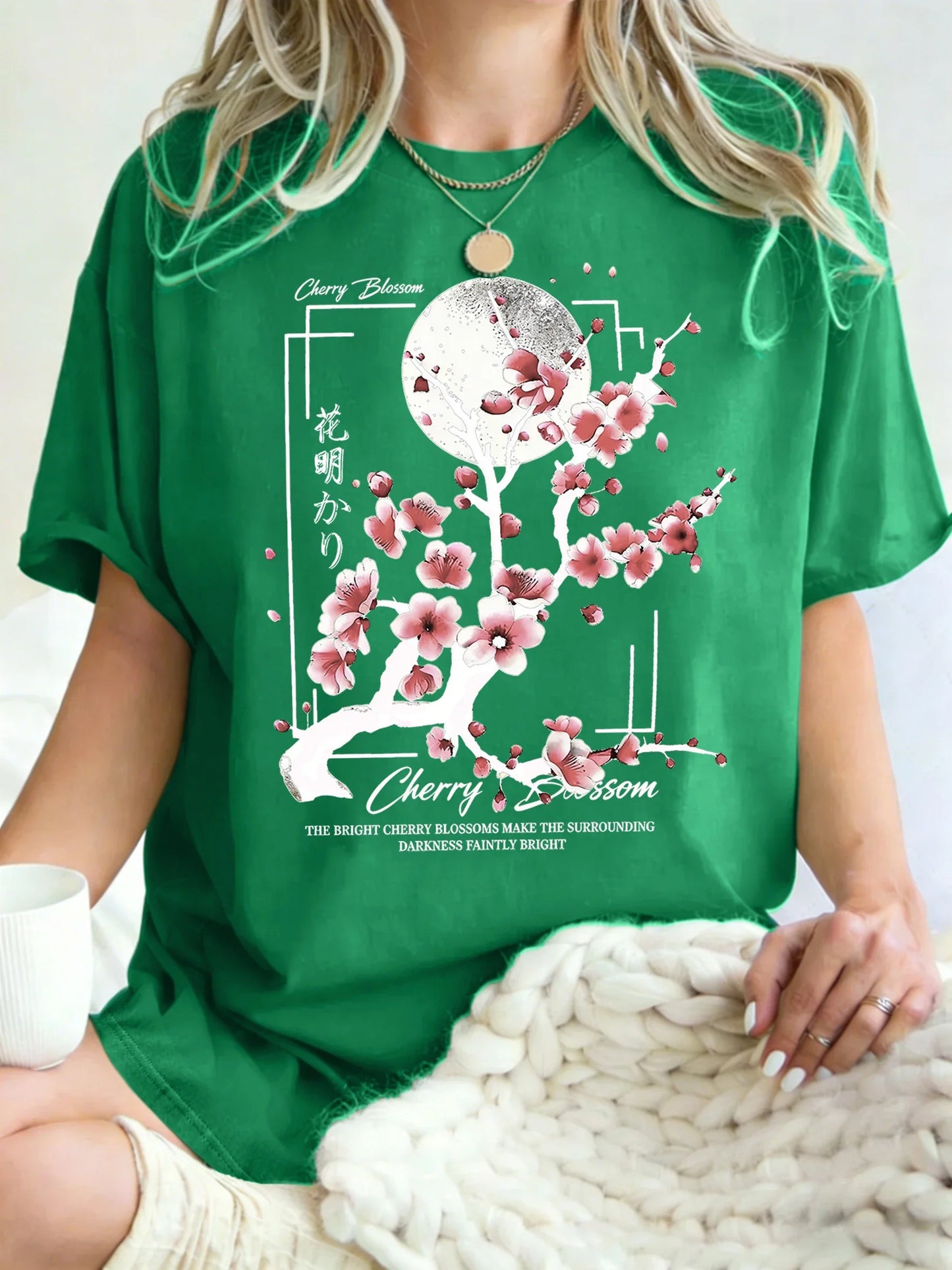 Japanese Cherry Blossom Design Women'S T-Shirt Loose Cotton T Shirts Crewneck Trendy Short Sleeve Y2K Summer Casual Streetwear
