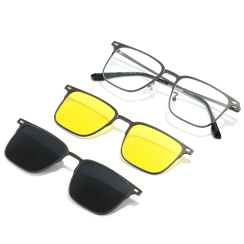 Fashion Square Metal Frame 3 in 1 Magnet Clip On Glasses Polarized Sunglasses Man Night Vision Clip Anti Blue Light Glasses