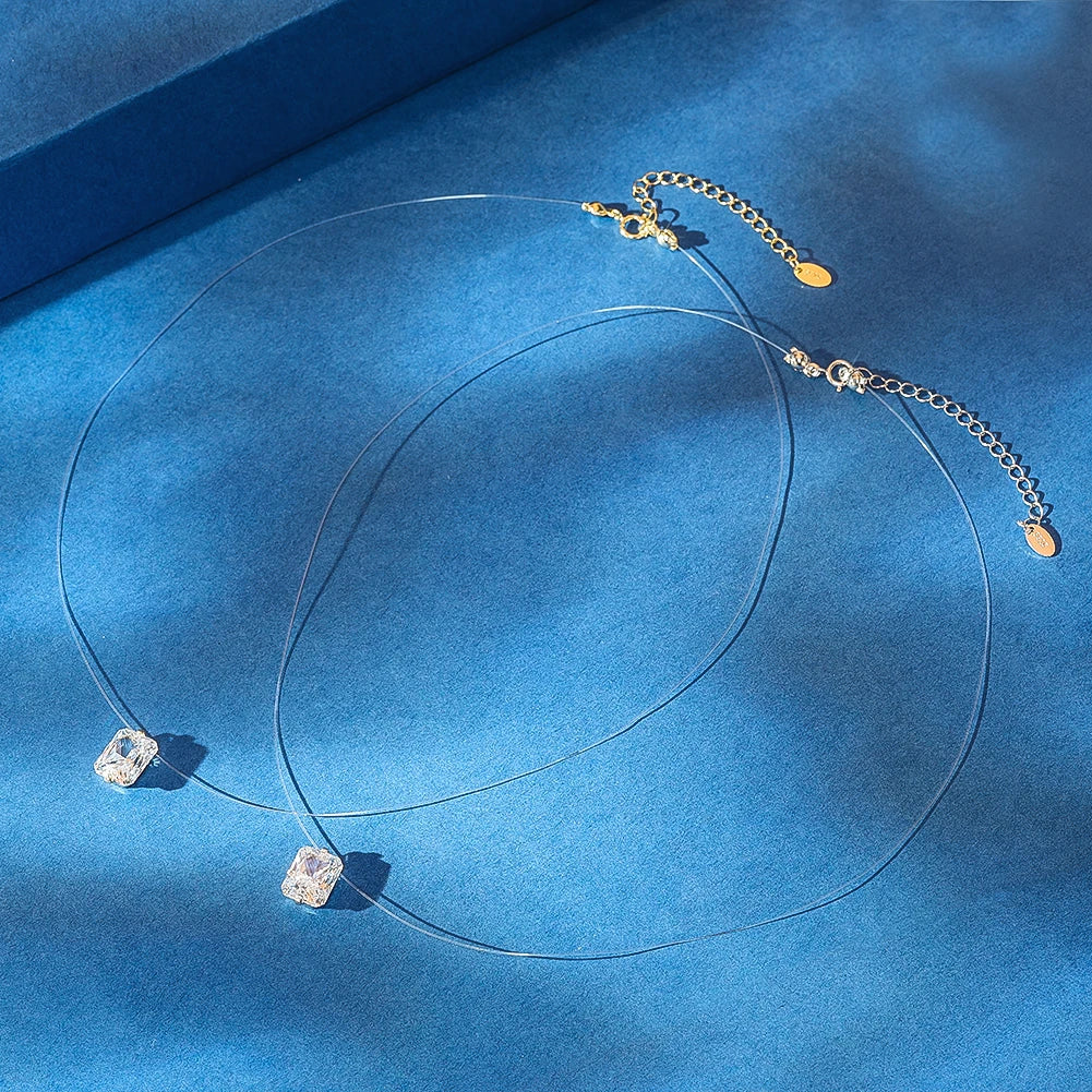 Top Quality 925 Silver Transparent Invisible Fishing Line Chain Shiny 8A Zircon Rectangle Pendant Necklace LZN34