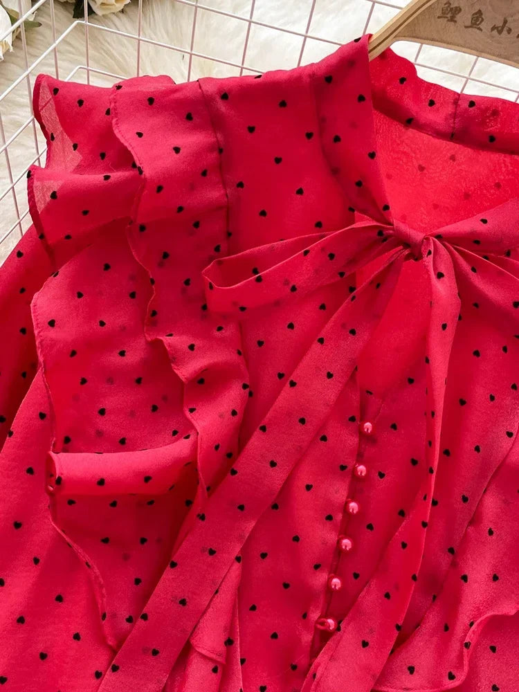 French Sweet Long Sleeved Blouse Women's Clothing Spring Autumn Bow Ruffle Edge Polka Dot Printed Chiffon Shirt Top C42