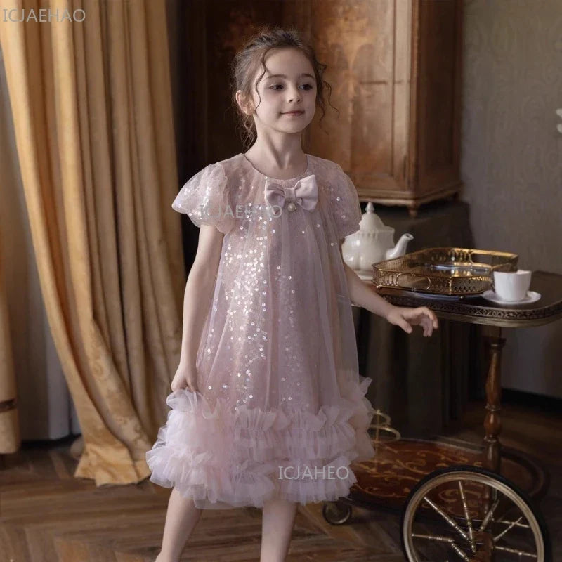 2026 New Summer Dress Girls Sequin Tulle Princess Party Gown Children Pageant Formal Attire Celebration Outfit Elegant Clothes