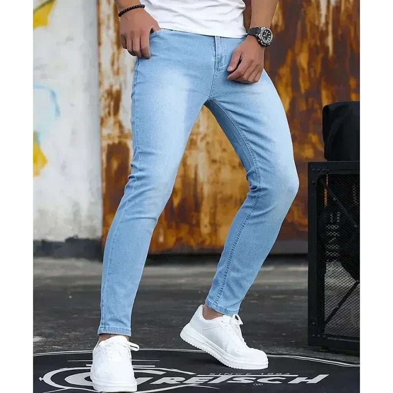 Men Narrow Leg Jeans Male Straight Leg Slim Pencil Denim Pants Classic Casual Daily Stretch Skinny Trousers