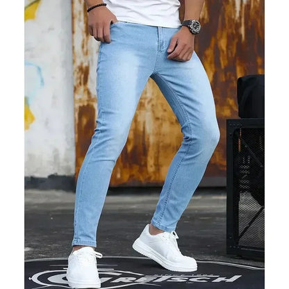 Men Narrow Leg Jeans Male Straight Leg Slim Pencil Denim Pants Classic Casual Daily Stretch Skinny Trousers