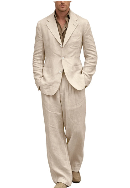 Men's Linen Suit 2 Pieces Set Casual Blazer & Wide Leg Pants Notch Lapel Breathable Wedding Business Party Jacket Tuxedo Summer