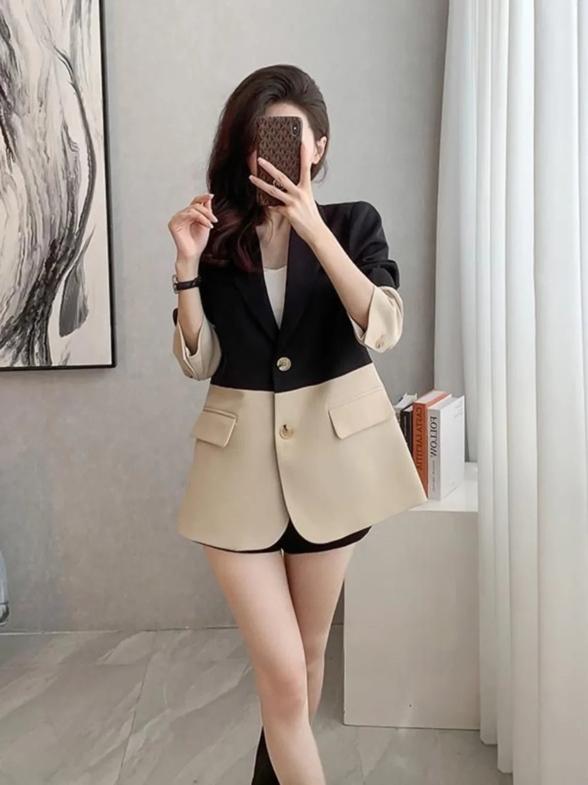 Briti Sle Loose Fit Color Blo Suit Jaet Women's Spring Autumn New Sle Korean Version Slimming Design Sense