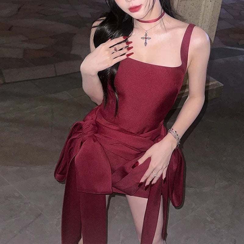Fashion Red Bowknot Mini Dress Straps Square Collar Sleeveless Backless Vintage Cute Ladies Slim Party Short A-line Dresses