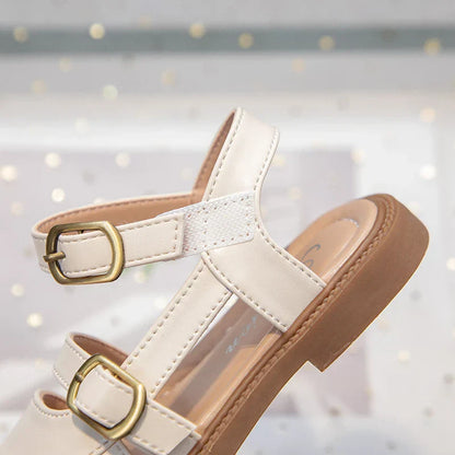 Girls Roman Sandals Open Toe Little Kids Leather Sandals with Buckle Open Toe Children Summer Beach Shoes Non-Slip Soft Sole