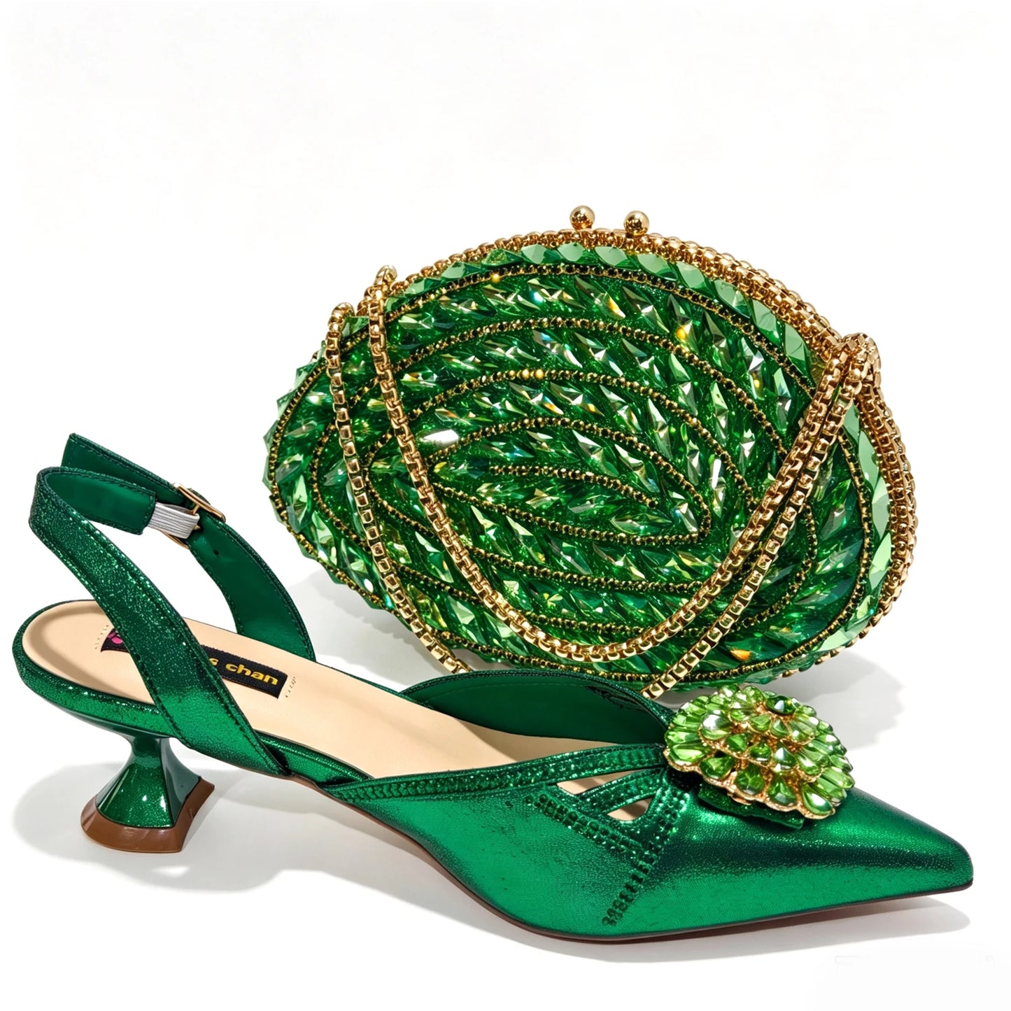 2026 New Arrival Italian-Inspired Green Rhinestone Pointed Toe Women’s High Heels with Matching Handbag Set Elegant Wedding