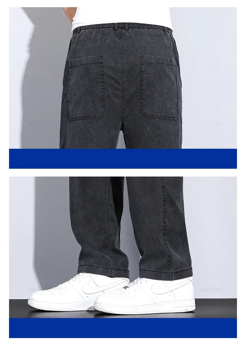 Brand Clothing Summer New Soft Lyocell Fabric Jeans Men Blue Elastic Waist Loose Straight Thin Denim Trousers Male Plus Size 5XL