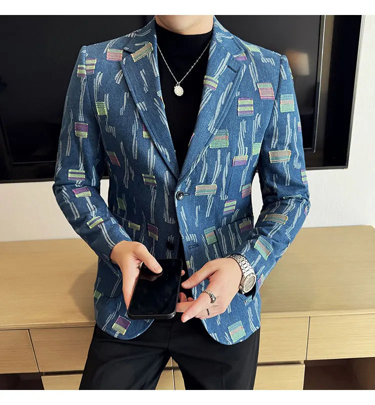 2025 New Luxury Denim Jacquard Suit Coats Men Fashion Slim Fit Suit Casual Business Party Coat Uniform Wedding Social Tailcoat
