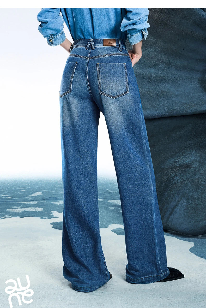 Women Denim Jeans 2025 Spring New Acetate Wide Leg Mid Low Waist Slim Fit Straight Wide Leg Pants