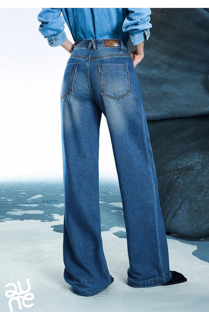Women Denim Jeans 2025 Spring New Acetate Wide Leg Mid Low Waist Slim Fit Straight Wide Leg Pants