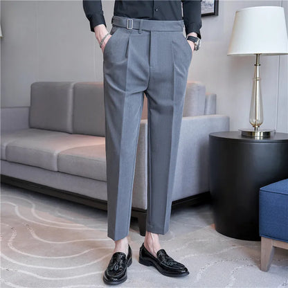 2026 Texture Naples Men's Solid Color Casual Pants Fashion Belt Design Slim Fit Suit Pants Formal Wear Wedding Social Trousers