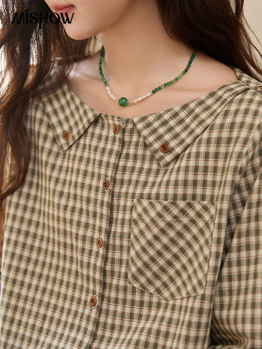 Women's Casual Shirts Cotton Autumn Side Slit Pockets Plaid Shirts Commute  Elegant Chic Woman Top with Belt MXE44X2469