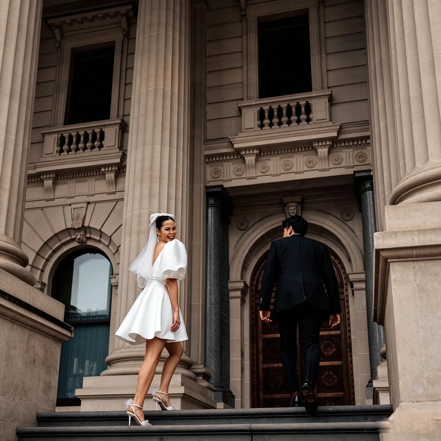 Puff Sleeve Deep V Satin Mini Wedding Dress A Line Bridal Gown Bow Veil Civil Elopement Bride Reception Custom Fit Ceremony Wear