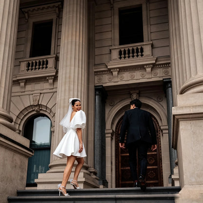 Puff Sleeve Deep V Satin Mini Wedding Dress A Line Bridal Gown Bow Veil Civil Elopement Bride Reception Custom Fit Ceremony Wear