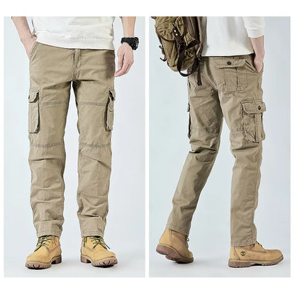 2026 Men's Cargo Pants Straight Leg Cotton Stretch Tactical Trouser Male Military Outdoor Camping Fishing Casual Work Wear Khaki