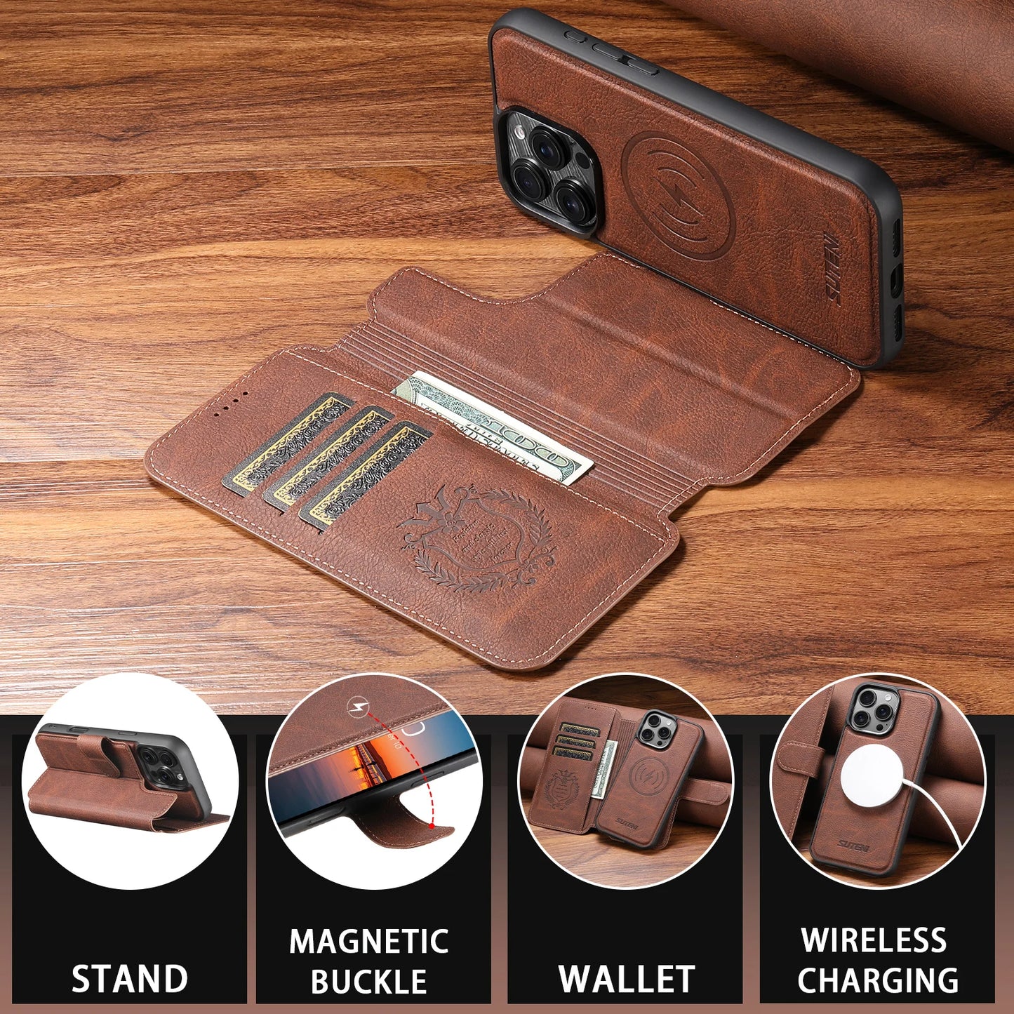 Faux Leather Wireless Charging Card Holder Stand Wallet Magnetic Flip Cover Phone Case For iPhone 17 Pro Max 16 Plus 15 14 13