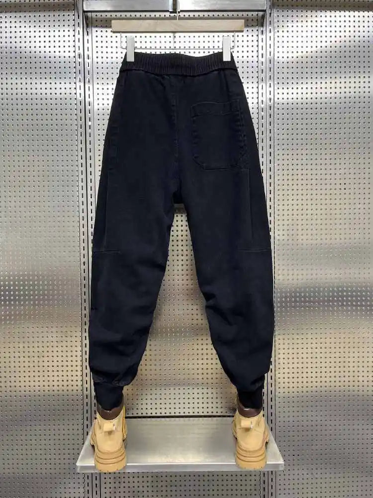 Drawstring Menswear Clothing Handsome Spring New Men's Jeans Korean Elastic Waist Buttons Decorative Fashion Harlan Pants Men