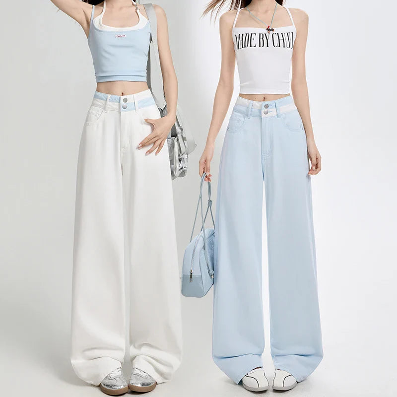 Loose Casual Wide Leg Denim Pants Summer New Thin 100% Cotton Women's High Waist Y2K Contrast Stitching All Match Baggy Jeans