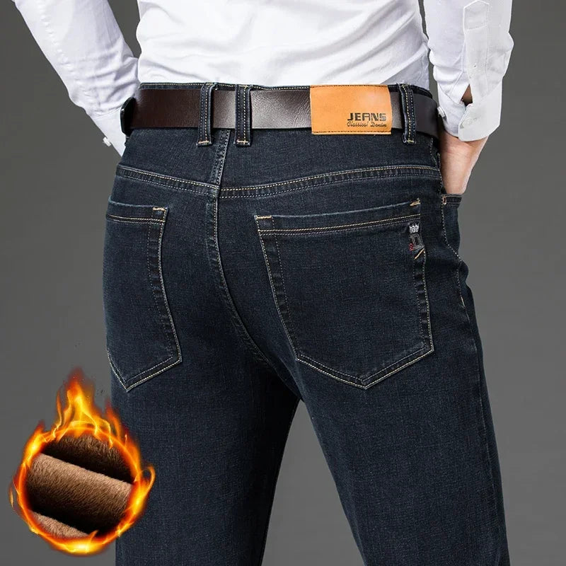 Winter Fleece Men's Casual Jeans Stretch Fashion Cotton Thick Plush Warm Denim Trousers Male Brand Pants Plus Size 42 44 46