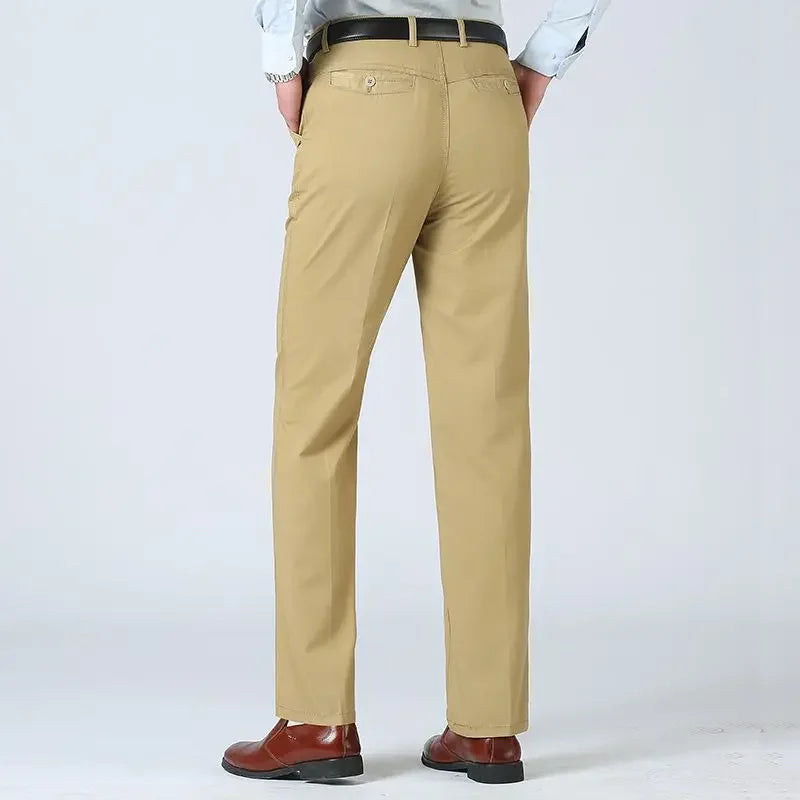 Summer Thin Pants 100% Cotton Men's Autumn Thick Suit Pant Slacks High Waist Straight Loose Bland Solid Business Casual Pants
