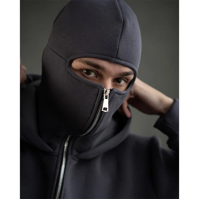 Men's Double Hat Mask Zipper Design Winter Windproof Hoodie Sports Jacket Outdoor Activities Hiking Travel Running Sweatshirt ﻿