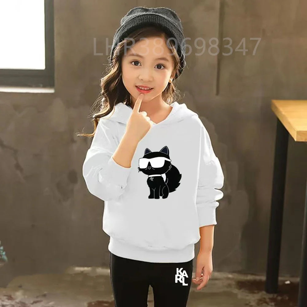 White Cat Black Cat Children's Hoodies Top+Bottom Suit Girls Pink Boy Black Age 3-12 Coat Casual Toddler Long Sleeves Clothing