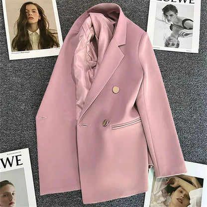 Casual Small Suit Jacket Women Fashion Loose Metal Double-Breasted Blazer Coat Korean Occupation Office Formal Lapel Blazers