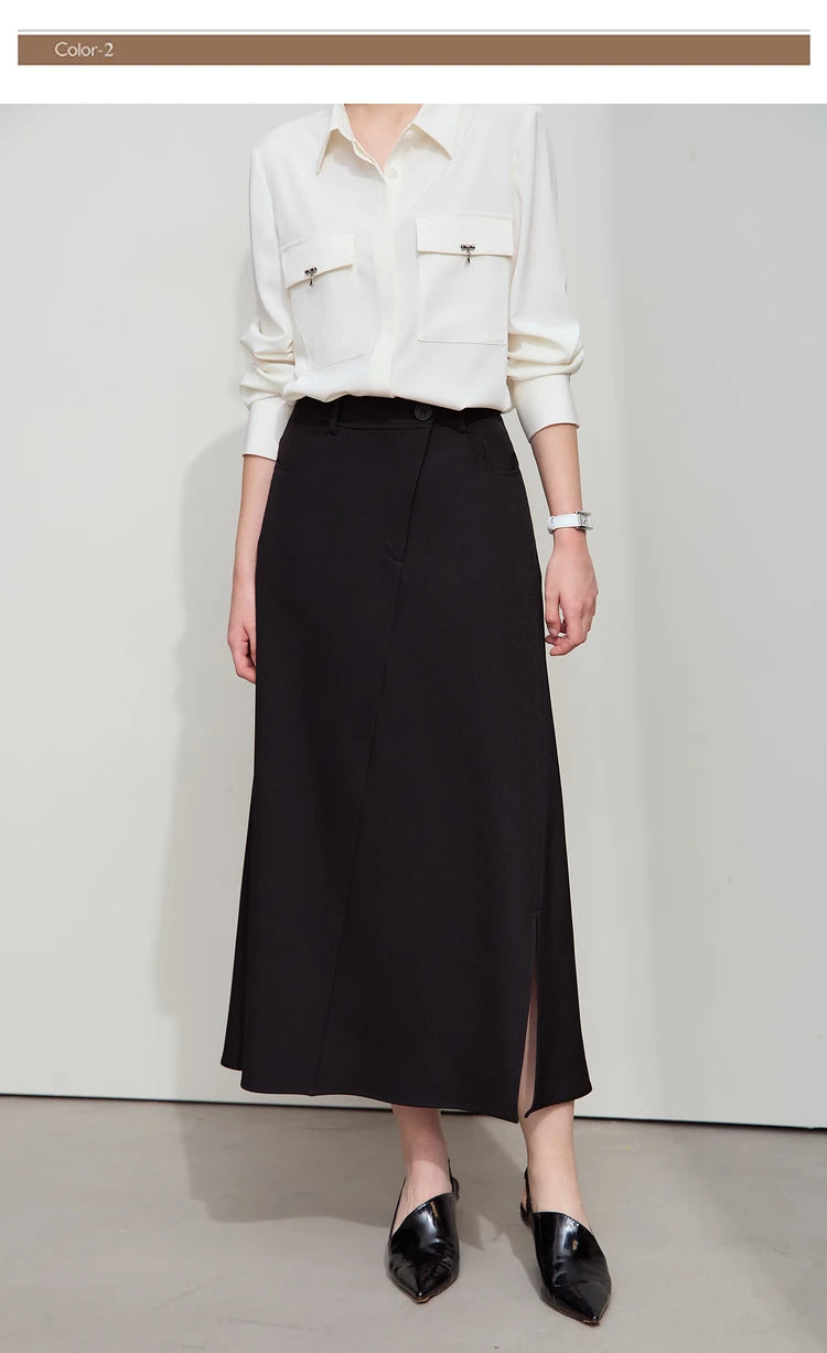 Minimalist Autumn New Commuter Asymmetrical Oblique Placket Split Skirt Non Ironing Anti Wrinkle A Shape Skirt 12551003