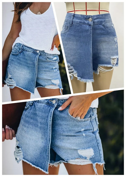 New Summer New Women Ripped Repaired Denim Shorts High Waist Bodycon Distressed Hole Bottoms Casual Pockets Sexy Short Jeans