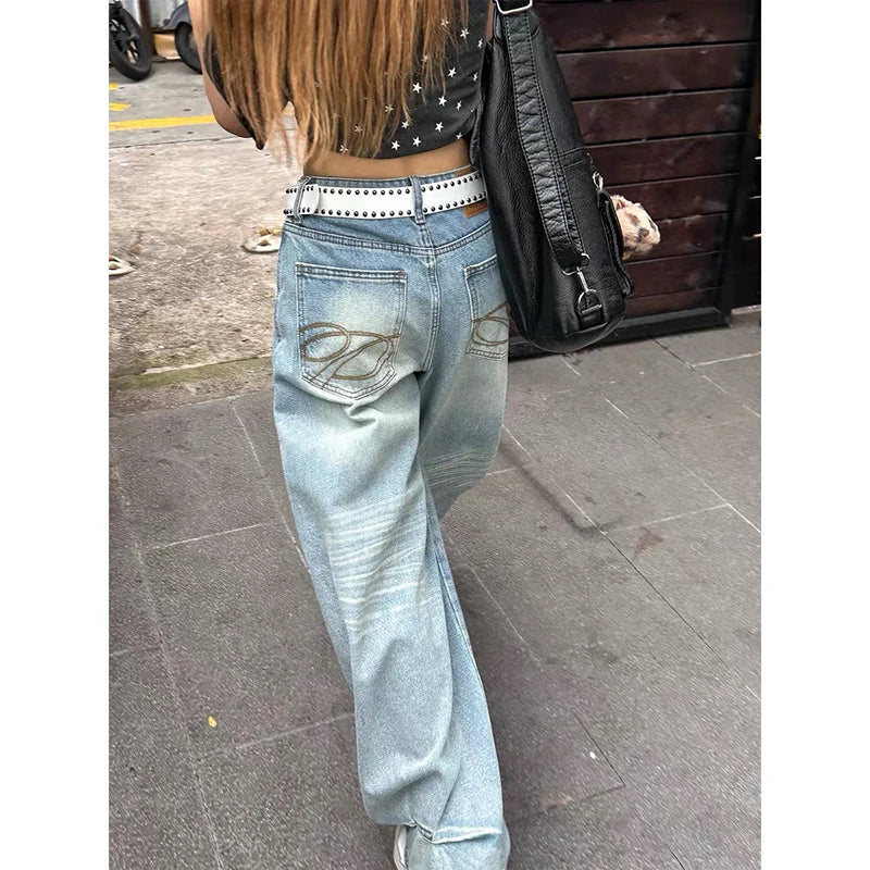 Vintage Y2k Embroidery Jeans Women Blue High Waist Straight Baggy Denim Trousers American Retro 90s Street Wide Leg Jeans