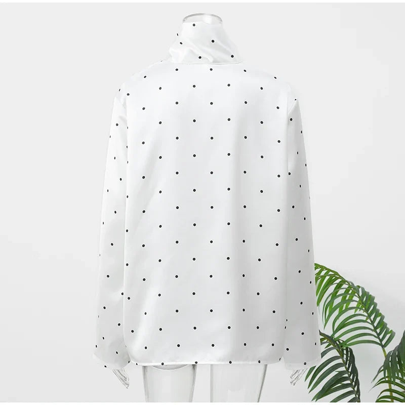 Satin Scarf Neck Polka Dot Printing Women Blouse Fashion Full Sleeve Loose Basic Shirt Lady Spring New Highstreet Commute Wears