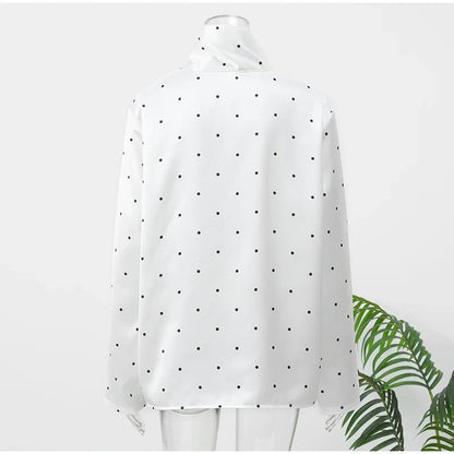 Satin Scarf Neck Polka Dot Printing Women Blouse Fashion Full Sleeve Loose Basic Shirt Lady Spring New Highstreet Commute Wears