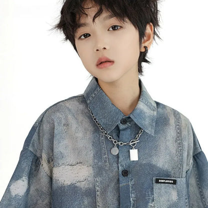 Imitation Denim Shirt Clothing Set Outdoor Summer Wear 2025 New Children's Home Cartoon Fashion From 4 Years Old Boy Outfit Top
