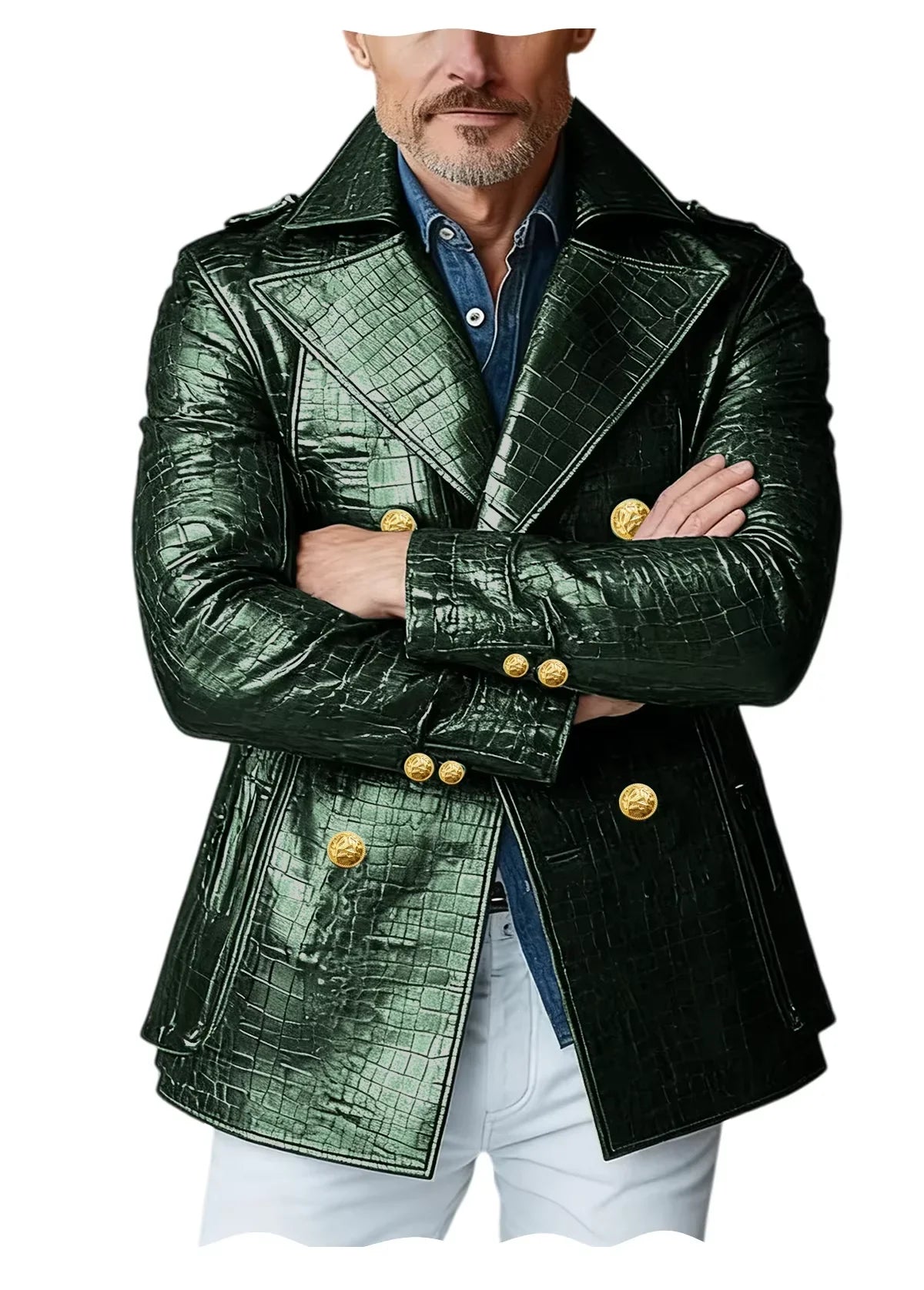 Men's Crocodile Embossed Leather Peacoat Double Breasted Gold Button Jacket Luxury Casual Overcoat