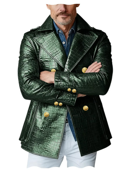 Men's Crocodile Embossed Leather Peacoat Double Breasted Gold Button Jacket Luxury Casual Overcoat