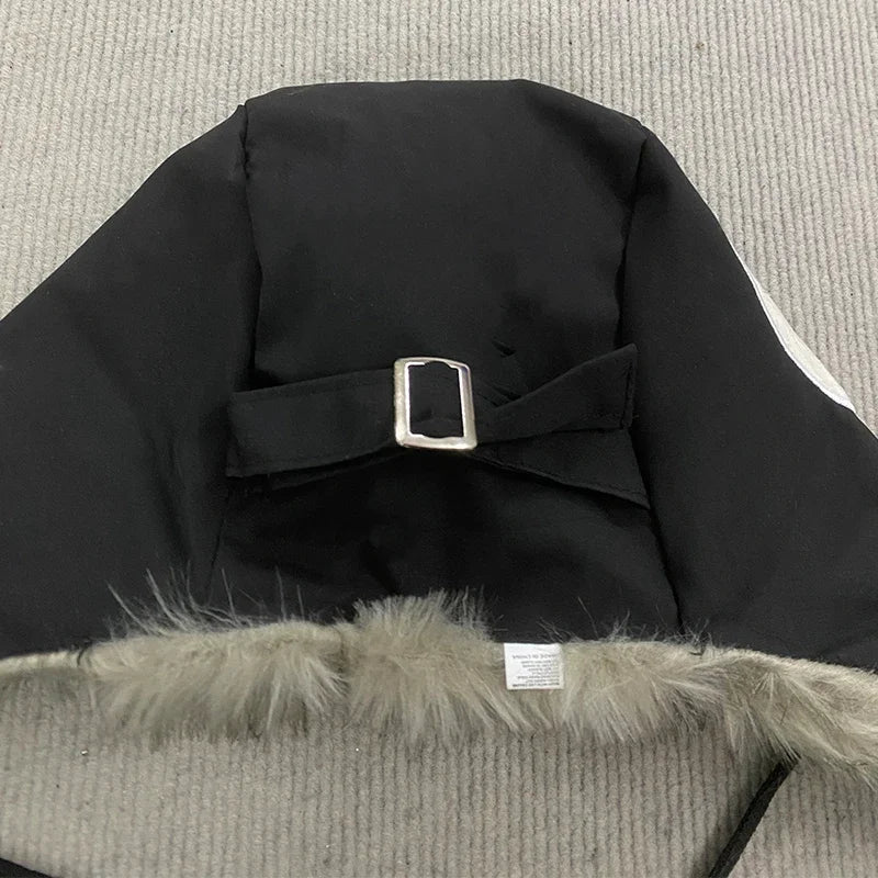 Y2K Star Patch Wool Like Lined Lei Feng Hat Unisex Black Autumn Winter Warm Ear Protection Trapper Hat for Outdoor Activities